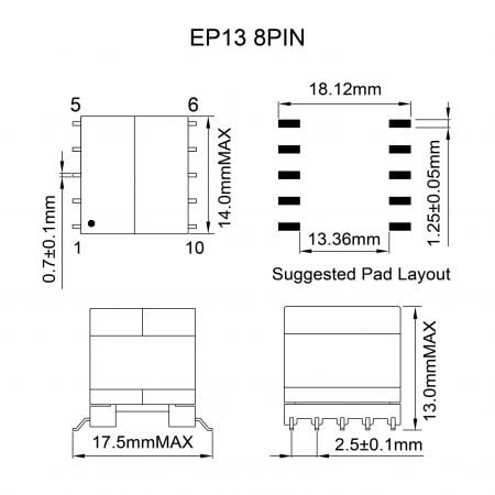 PoE EP High Frequency Ferrite Transformer Mechanicals and Dimensions (EP13 10PIN)