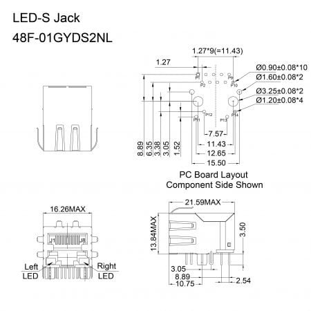 48F Bulk Gigabit RJ45 with Magnetics Mechanicals and Dimensions (LED-S)