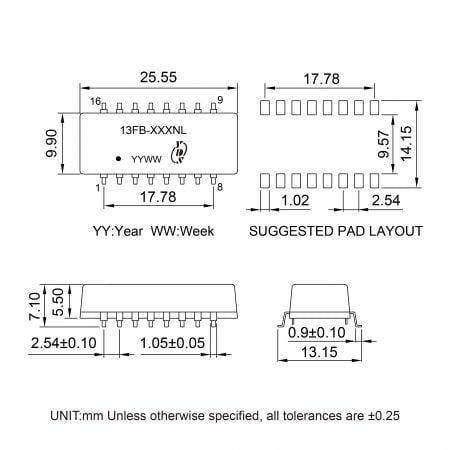 13FB Ethernet Coupling Transformer Markings and Dimensions