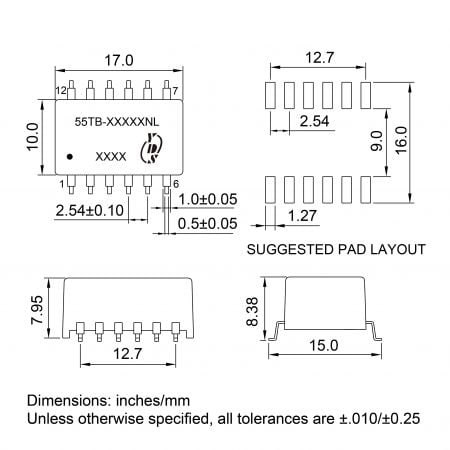 55TB/57TB REACH compliant telecom transformer Mechanicals and Dimensions