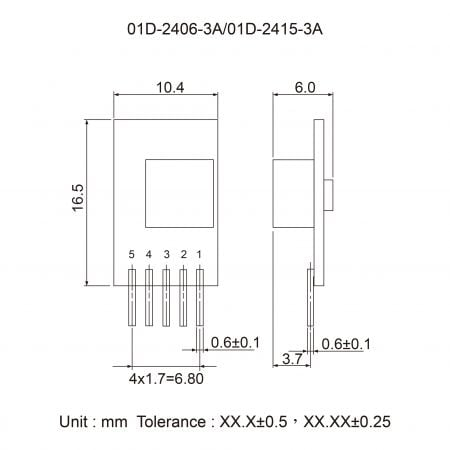 01D-2406-3A / 01D-2415-3A Cost-effective non-isolated DC-DC Markings and Dimensions