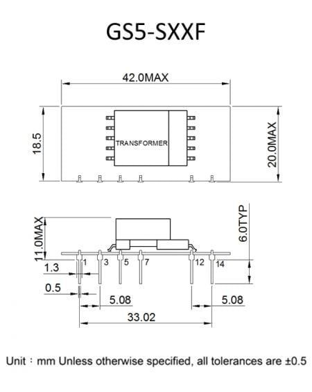 GS5 high reliability isolated power module Markings and Dimensions (GS5-SXXF)