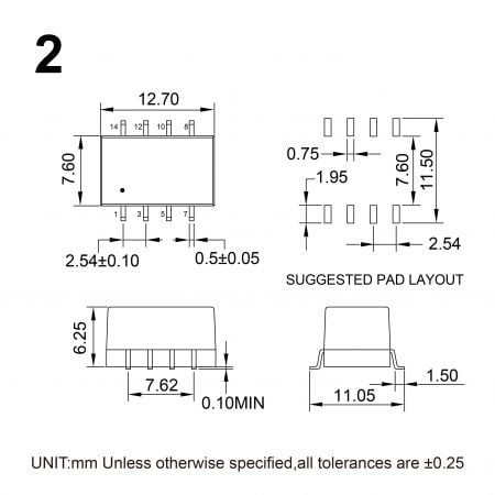 13DSC-0.25W DC-DC Power Module Markings and Dimensions