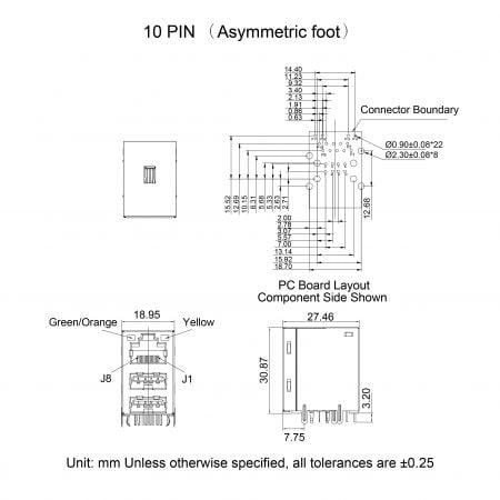 45F Custom Gigabit Ethernet USB Connector Mechanicals and Dimensions