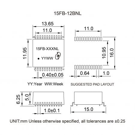 15FB-12BNL High Performance 2.5G Magnetics Mechanicals and Dimensions