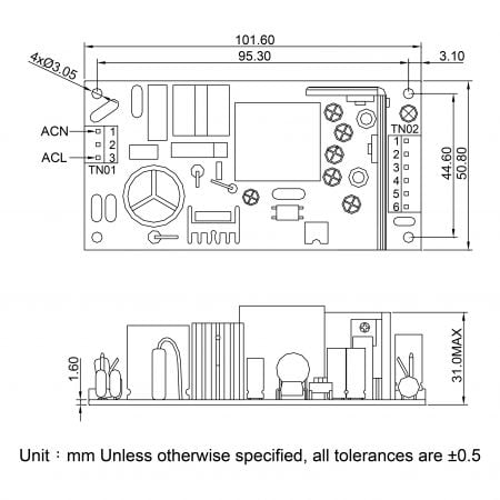 GB040 full range AC-DC open frame power supply Markings and Dimensions
