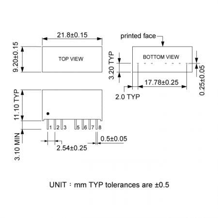 27D-Single Compact DC-DC converter Markings and Dimensions