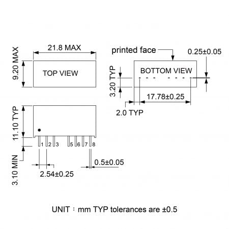 16D-Dual Economical DC to DC Converter Markings and Dimensions