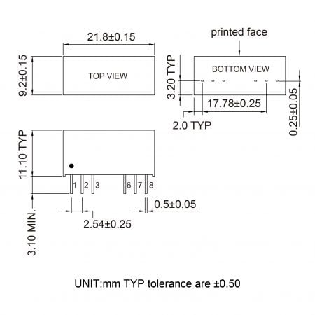 27DC-4W SIP DC to DC converter Markings and Dimensions