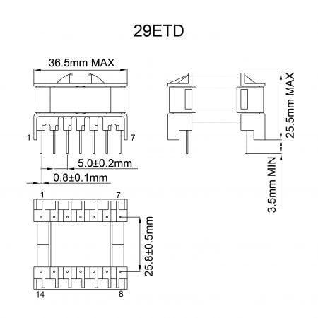 29ETD durable transformer dip Mechanicals and Dimensions