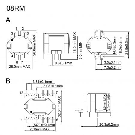 08RM High reliability RM core magnetics Mechanicals and Dimensions