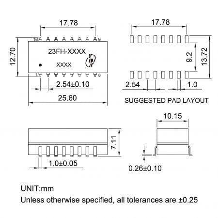 23FH Low profile LAN filter Markings and Dimensions