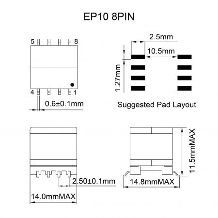 PoE EP High Frequency Ferrite Transformer Mechanicals and Dimensions (EP10 8PIN)