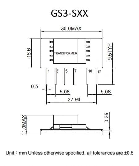GS3 slim AC-DC power module Markings and Dimensions (GS3-SXX)