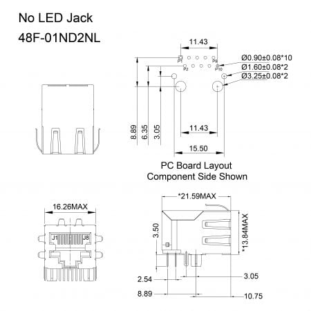 48F Bulk Gigabit RJ45 with Magnetics Mechanicals and Dimensions (No LED)