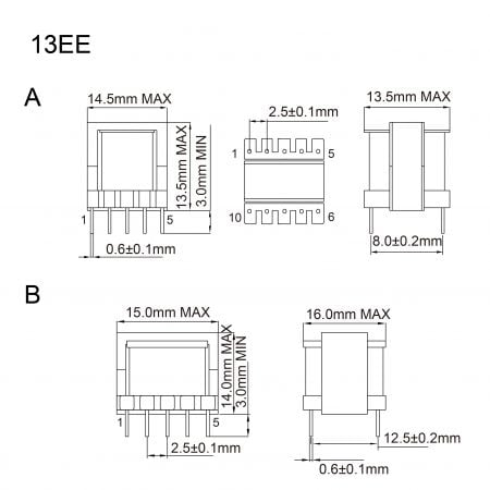 13EE ee core transformer Mechanicals and Dimensions