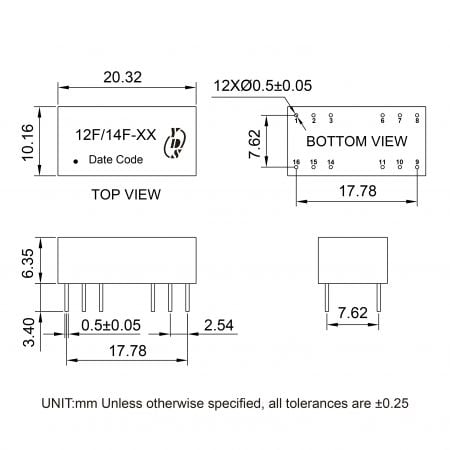 12F/14F Industrial PCB Mount LAN Filter Markings and Dimensions