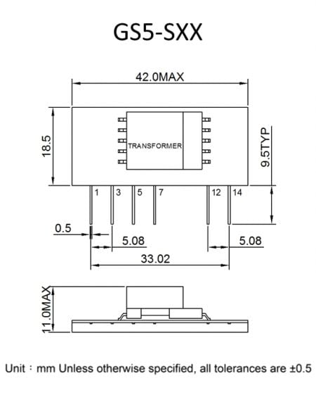 GS5 high reliability isolated power module Markings and Dimensions (GS5-SXX)