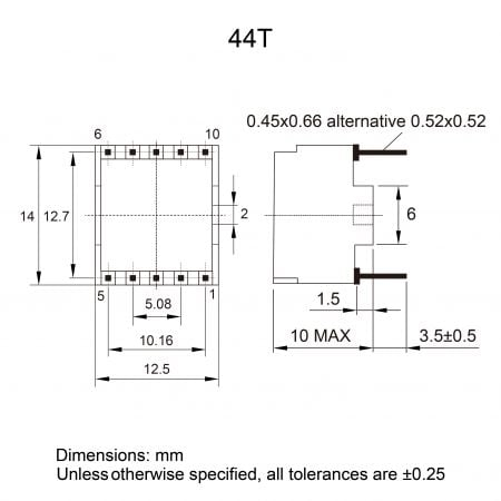 44T UL Recognized Telecom Magnetics Mechanicals and Dimensions