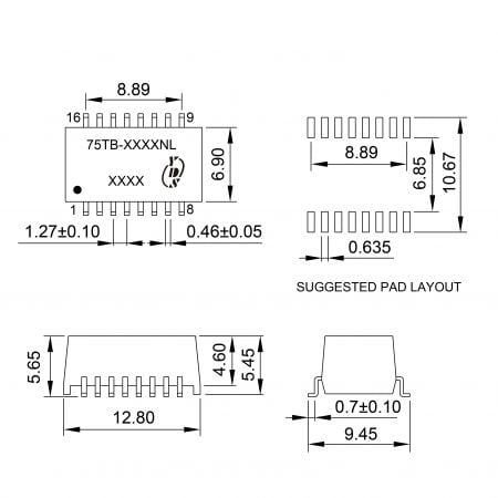 75TB industrial FDDI communication transformer Mechanicals and Dimensions