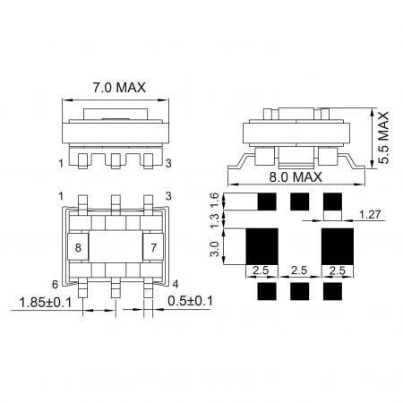 EE5 current feedback transformer smps Mechanicals and Dimensions