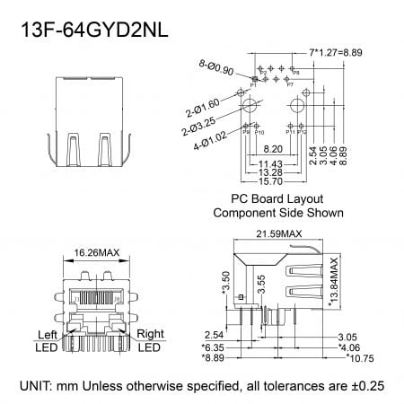 13F-64GYD2NL 8P8C Magnetic Jack Mechanicals and Dimensions