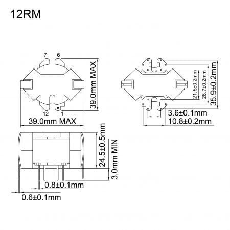 12RM High reliability RM core magnetics Mechanicals and Dimensions