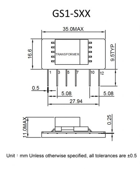 GS1 slim AC-DC power module Markings and Dimensions (GS1-SXX)