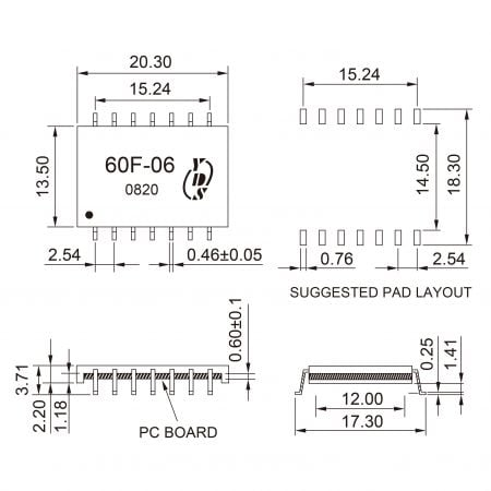 60F Safety Certified 10 Base-T Ethernet Filter Markings and Dimensions