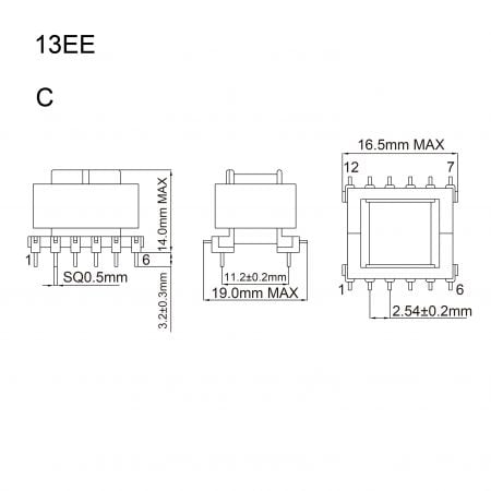13EE ee core transformer Mechanicals and Dimensions
