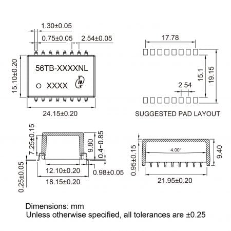56TB RoHS/REACH Compliant Telecom Transformer Mechanicals and Dimensions