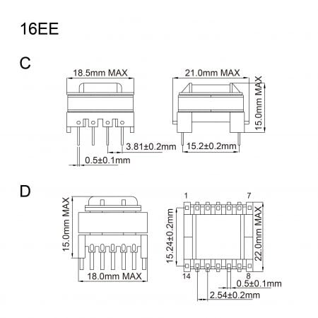 16EE ee core transformer Mechanicals and Dimensions