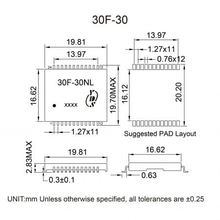 30F-30NL Industrial PCB Mount LAN Filter Mechanicals and Dimensions
