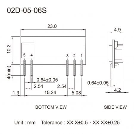 02D-05-06S Embedded DC-DC power module Markings and Dimensions