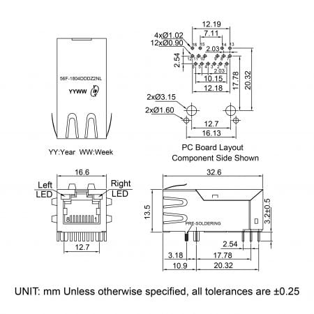 56F(2.5G) shielded RJ45 magjack Mechanicals and Dimensions