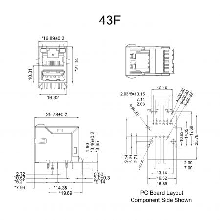43F RJ45 USB Stacked Connector Mechanicals and Dimensions