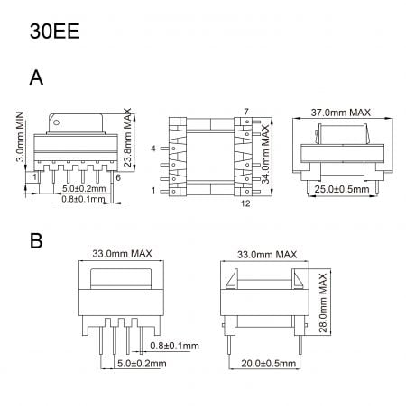 30EE ee core transformer Mechanicals and Dimensions